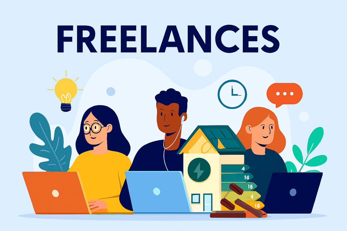 Illustration de freelances travaillant à distance sur des ordinateurs portables, avec icônes de productivité, ambiance moderne et collaborative sur fond bleu clair.