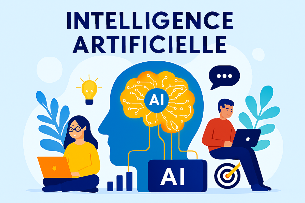 Illustration conceptuelle de l’intelligence artificielle avec tête stylisée en circuits, icônes numériques, cerveau lumineux et éléments technologiques sur fond bleu futuriste.