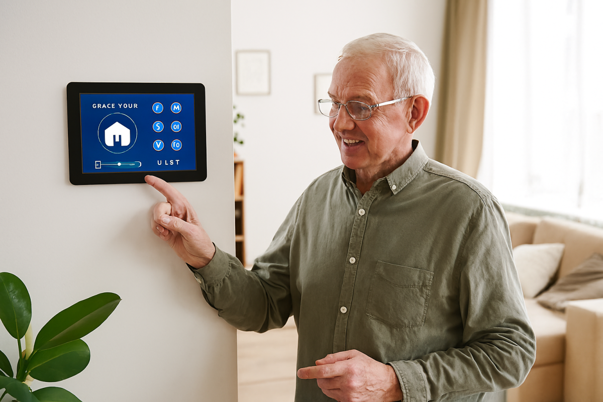 Sénior souriant dans sa maison domotique intelligente, utilisant un écran tactile pour contrôler l’éclairage et le chauffage, intérieur moderne et lumineux.