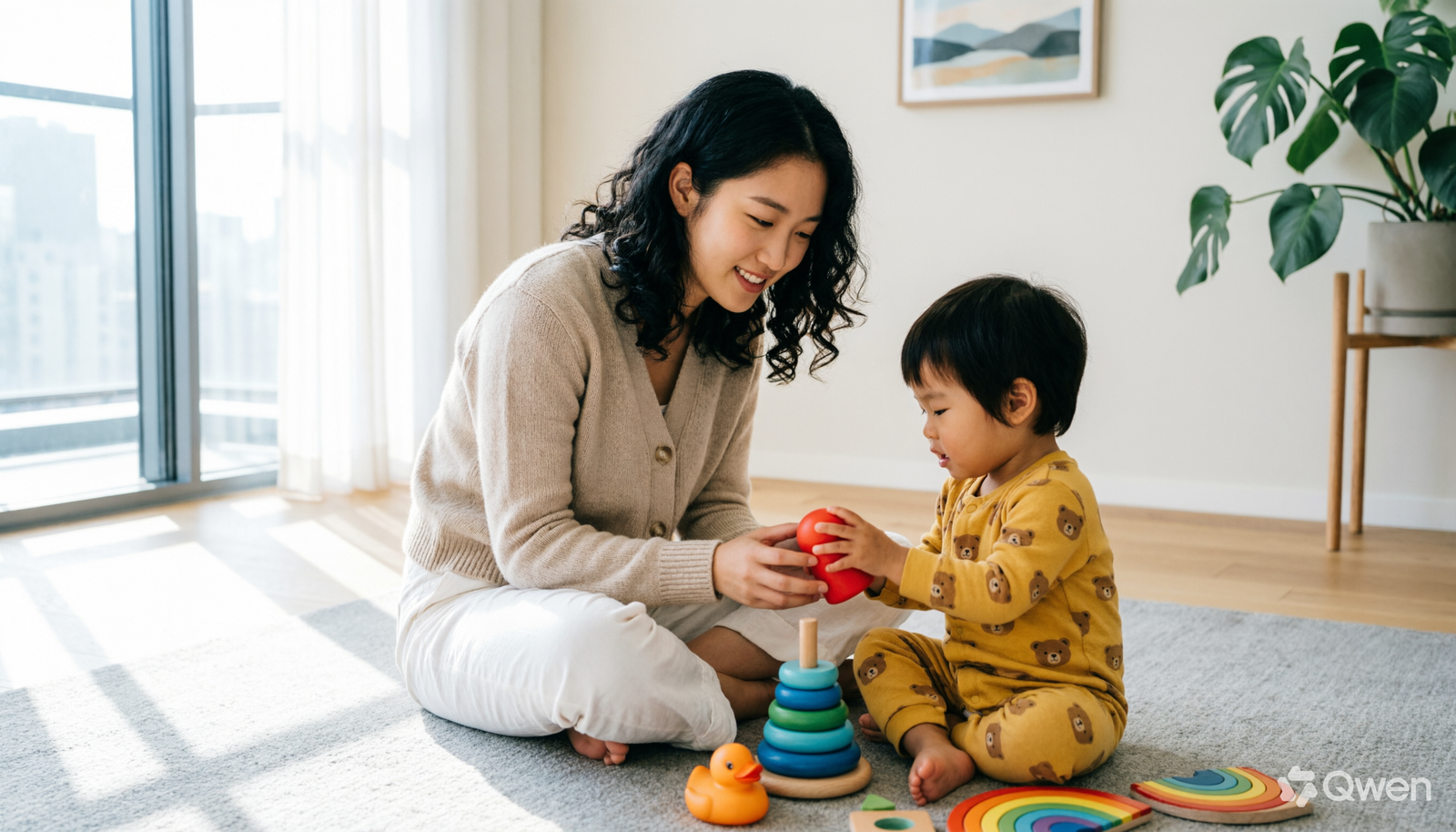 Baby-sitter jouant avec un enfant dans un salon