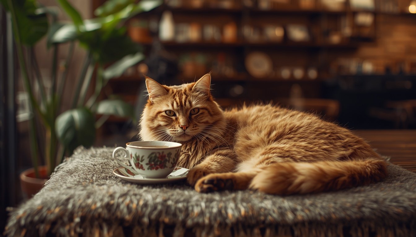 Chat confortablement installé près d'une tasse de thé dans un café chaleureux