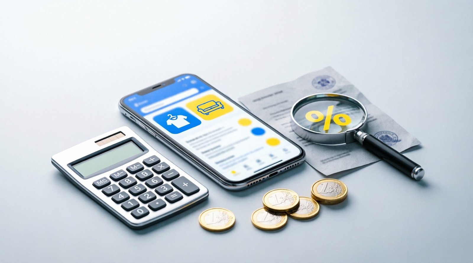 Calculatrice et documents fiscaux sur bureau avec smartphone affichant application de vente