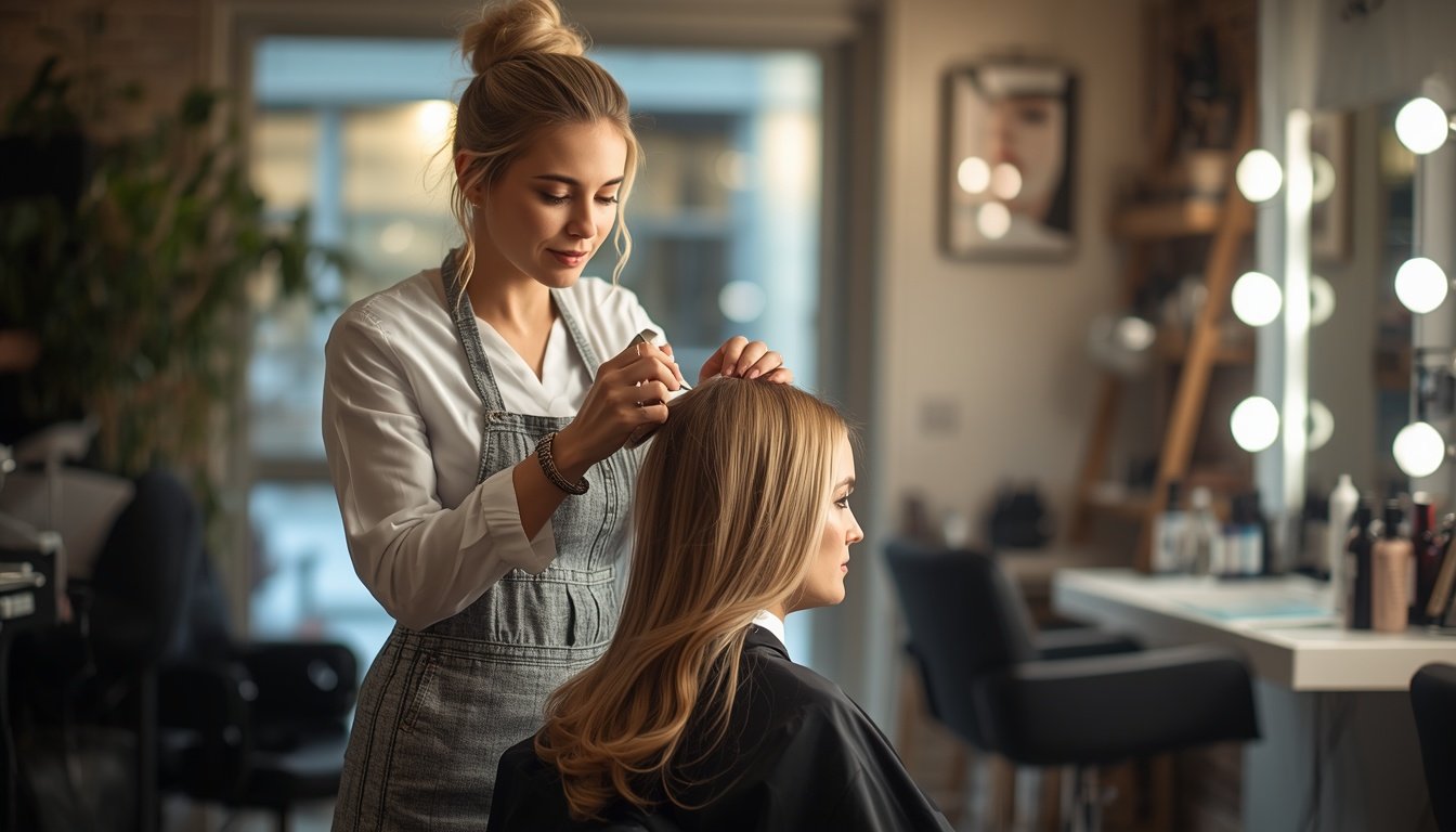 Coiffeuse professionnelle réalisant une coupe à domicile