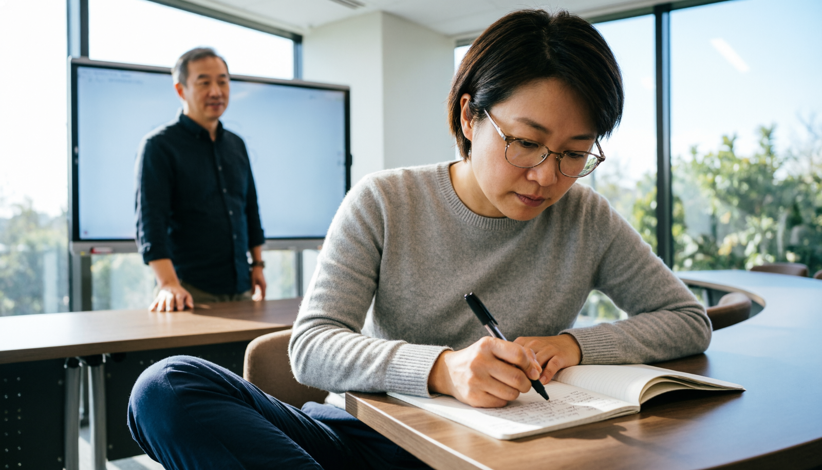 Adulte en formation professionnelle prenant des notes en salle de classe