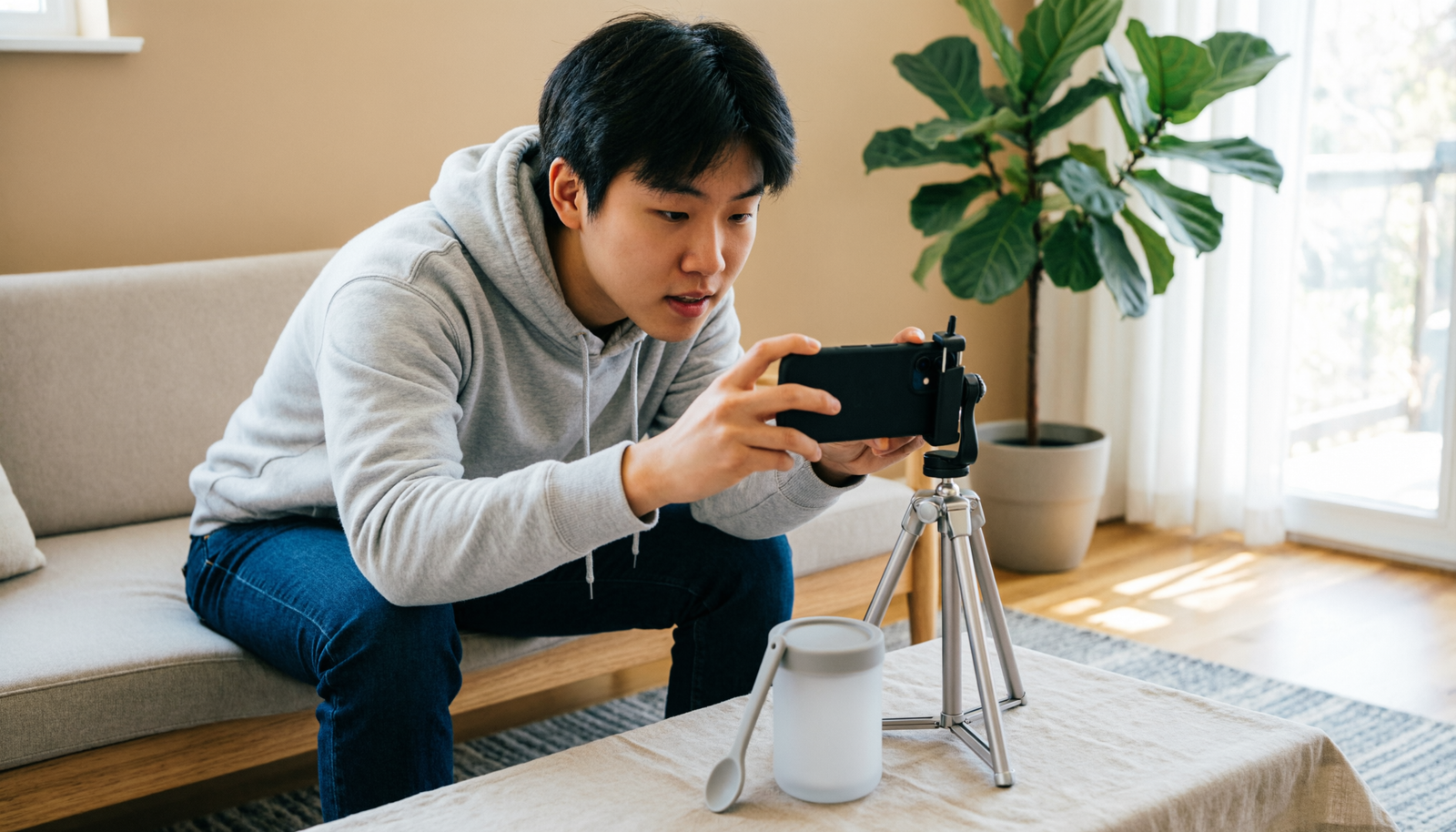 Créateur de contenu filmant une vidéo UGC avec un smartphone