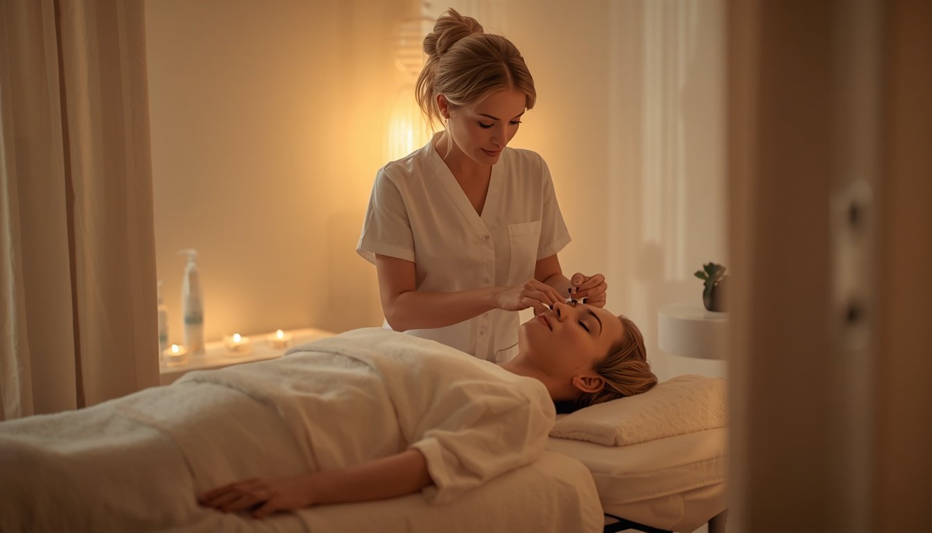 Esthéticienne réalisant un soin du visage à domicile