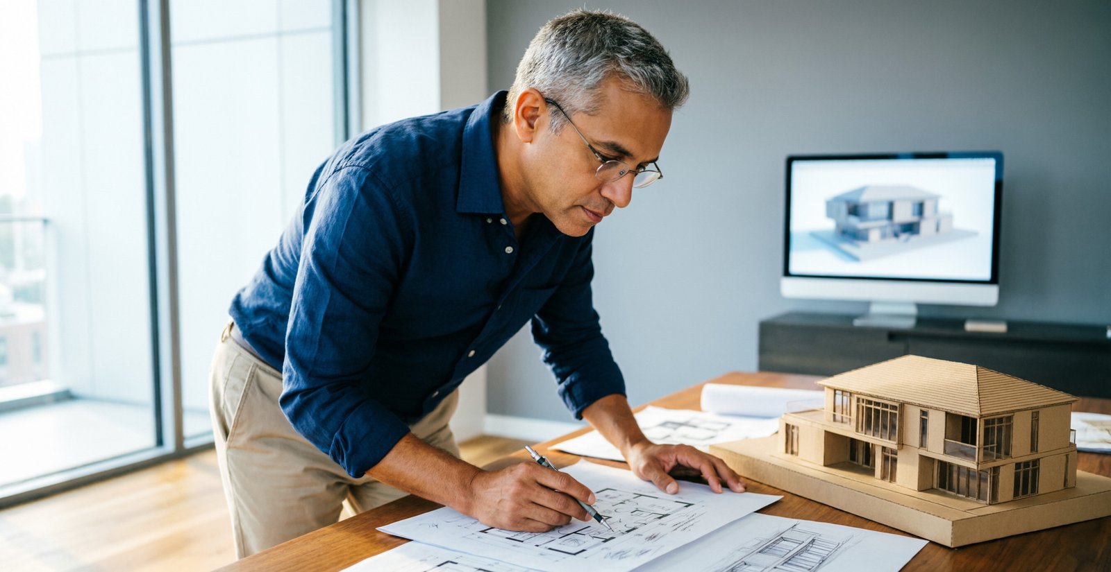Architecte penché sur des plans de bâtiment et une maquette dans un bureau lumineux