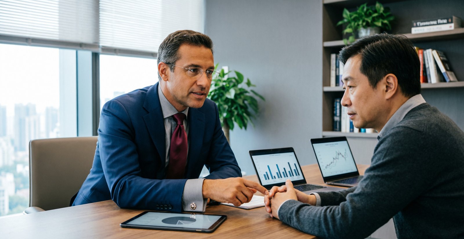 Conseiller en gestion de patrimoine discutant avec un client dans un bureau élégant