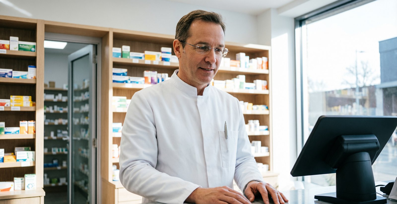 Pharmacien en blouse blanche derrière le comptoir d'une officine moderne