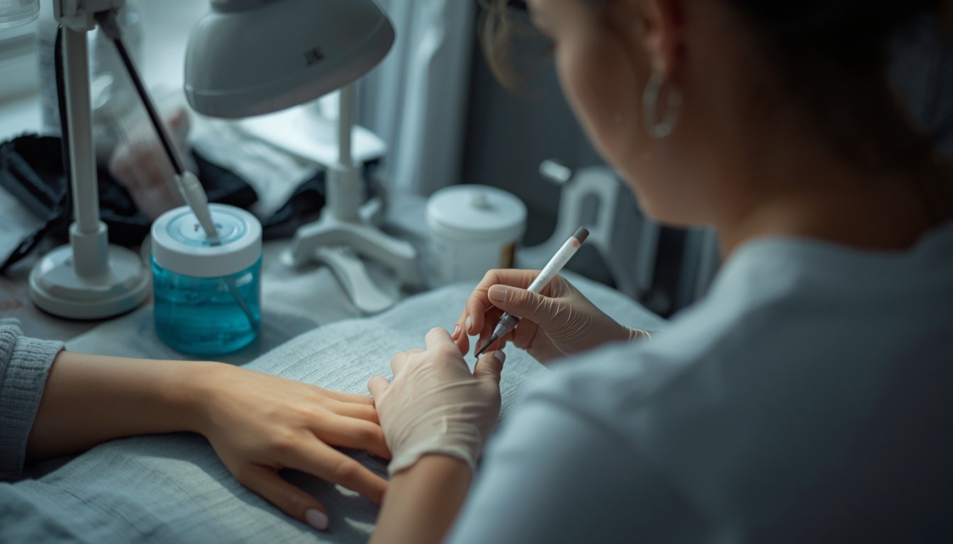 Prothésiste ongulaire réalisant une pose de vernis semi-permanent