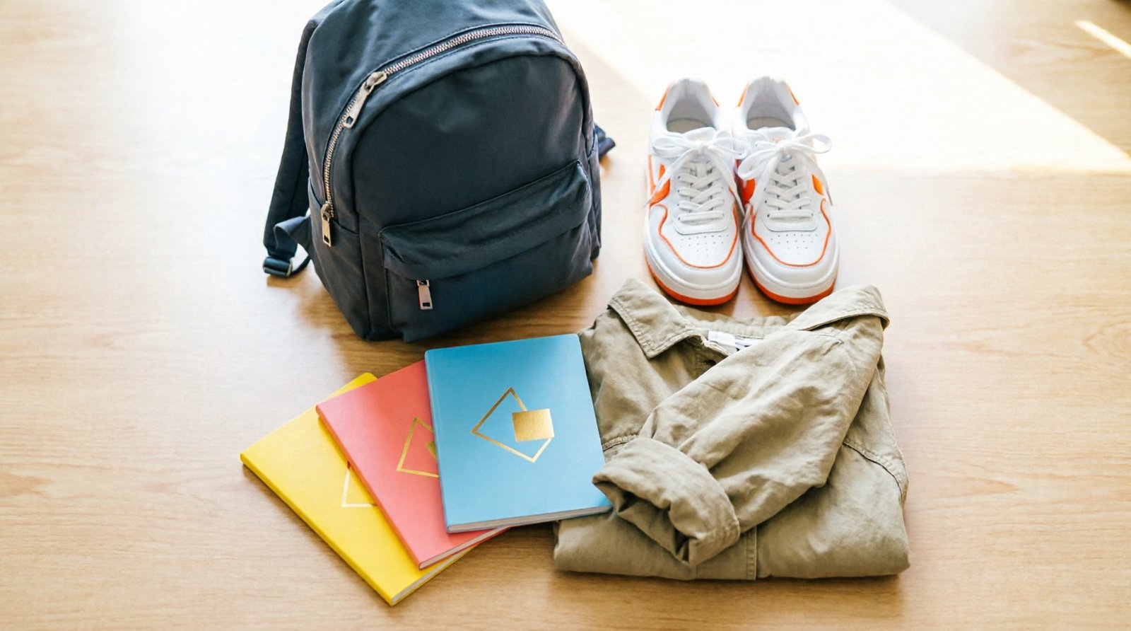 Fournitures scolaires et vêtements disposés sur table avec calculatrice