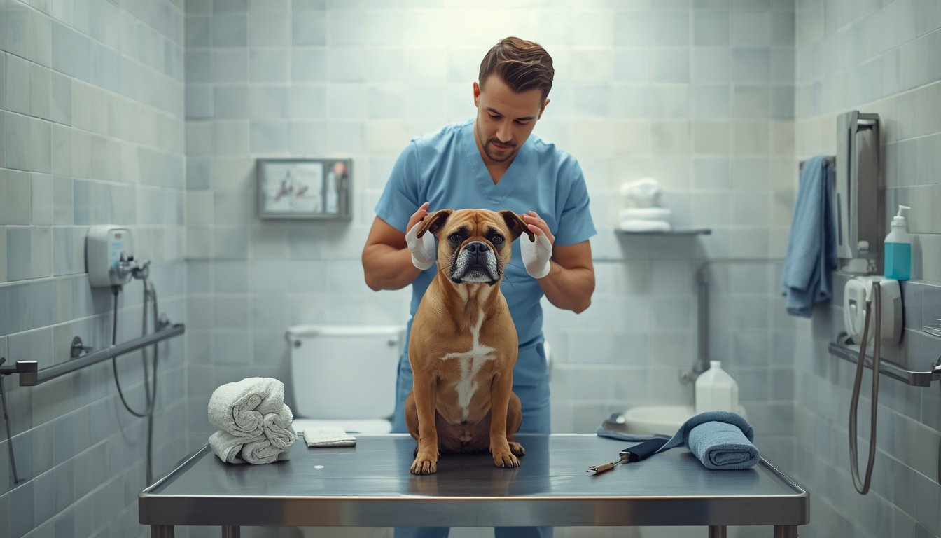 Toiletteur professionnel brossant un chien sur une table de toilettage