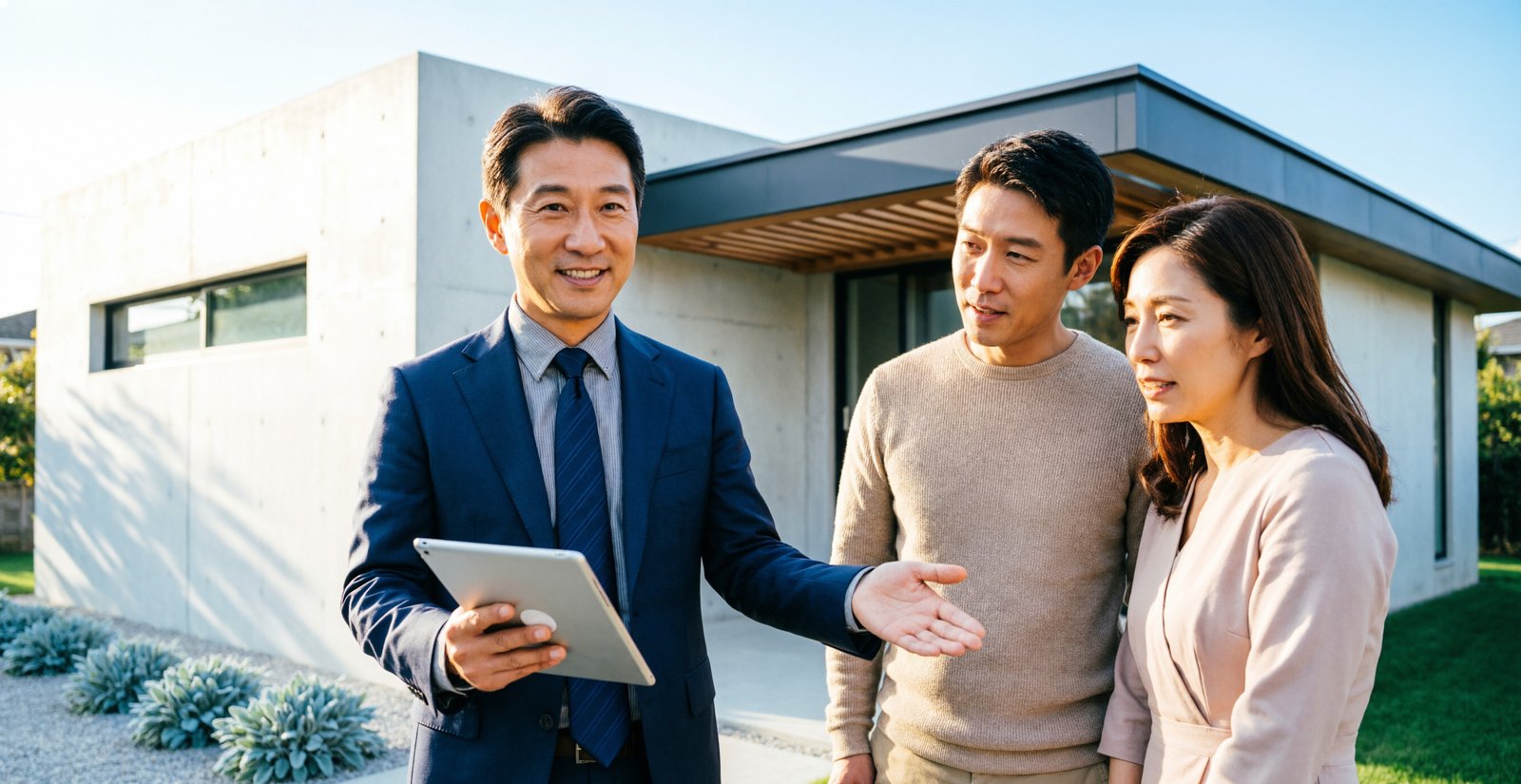 Agent immobilier présentant un bien à des clients devant une maison moderne