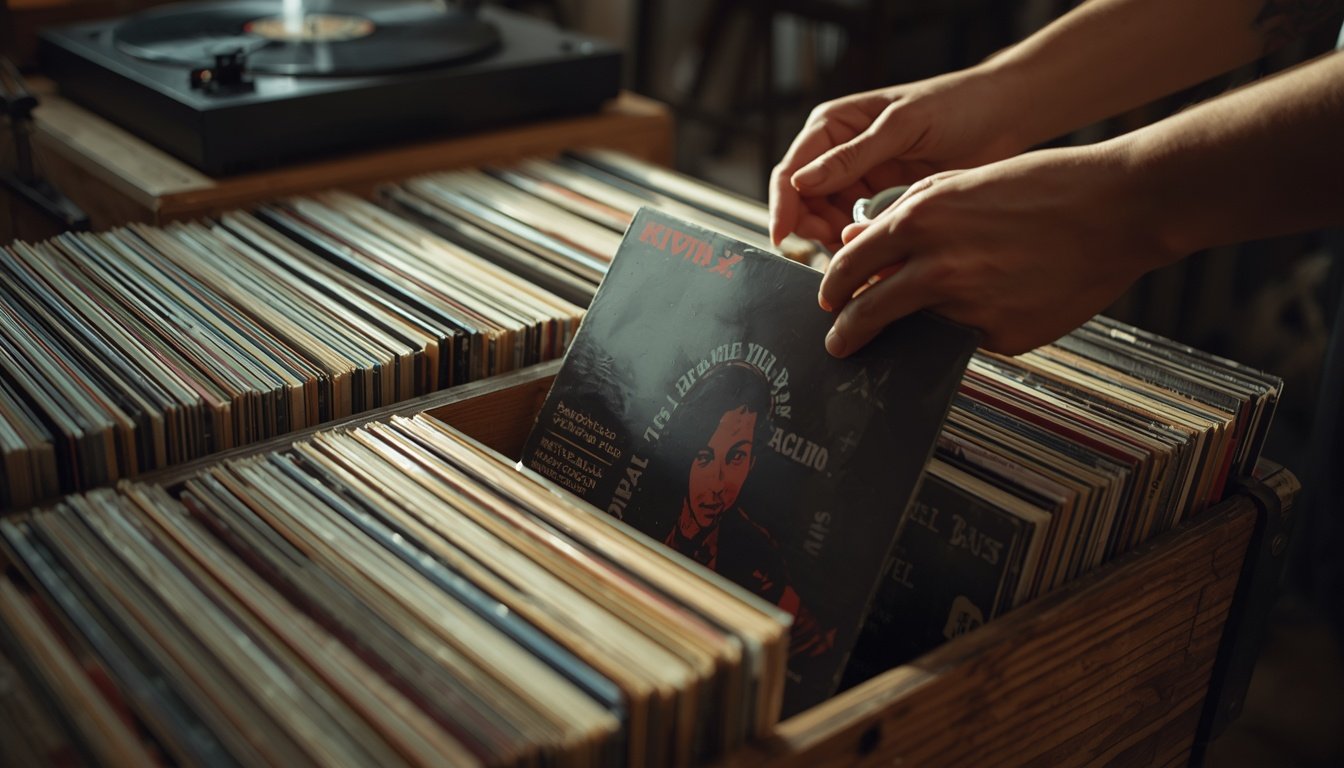 Collection de disques vinyles rangés dans un bac en bois