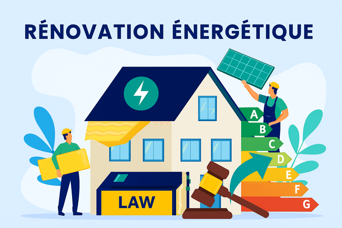 Illustration de la rénovation énergétique avec maison équipée de panneaux solaires, isolation thermique, étiquette énergie, ouvriers en action et éléments écologiques sur fond bleu.